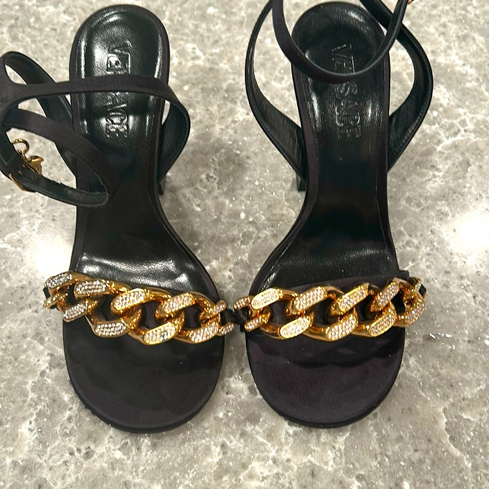 VERSACE black satin strappy heels.
